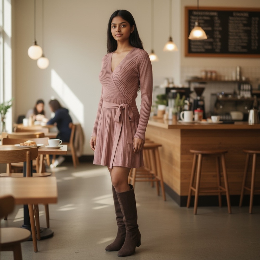 Mauve Long Sleeve Sweater Dress with Tie & Pleated Skirt